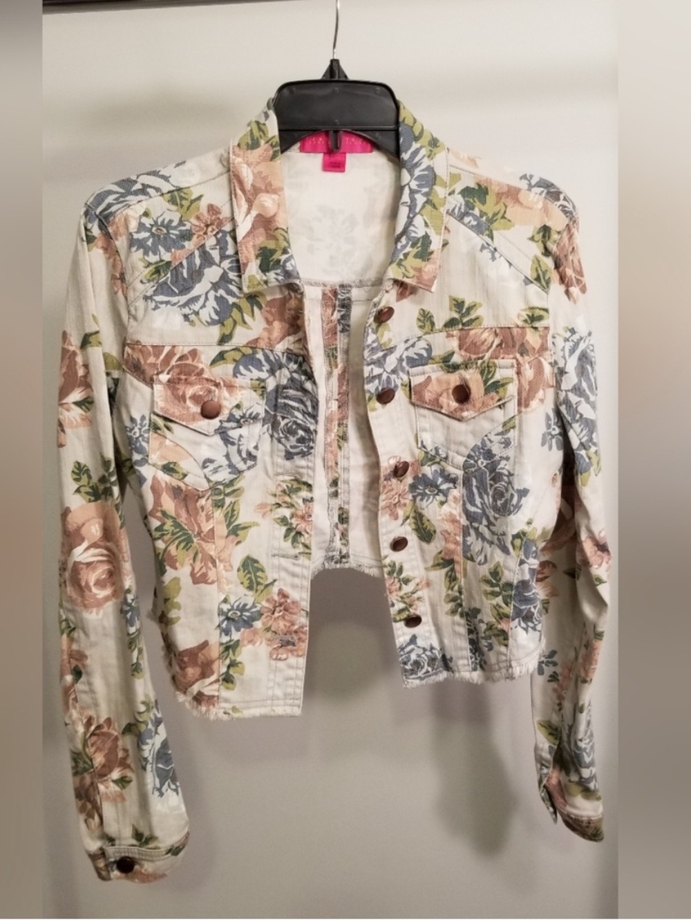 Tinseltown Floral Cropped Jean Jacket in White, Blue & Tan